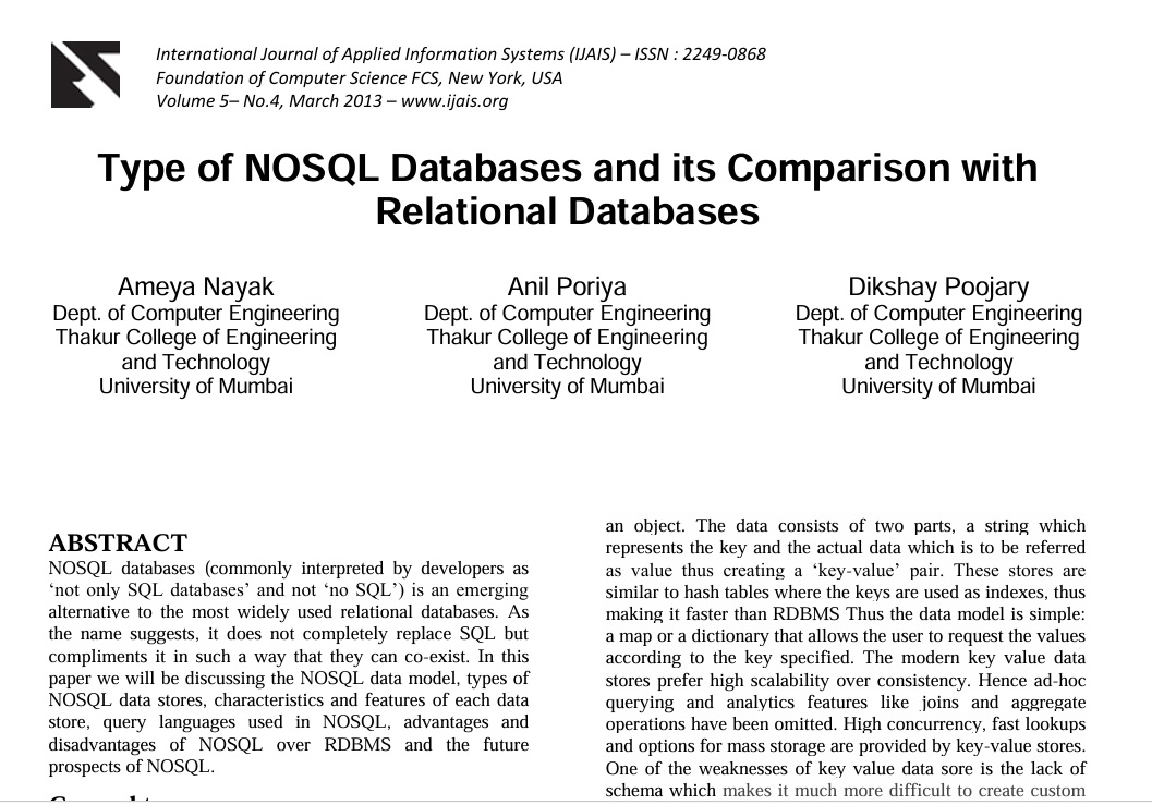 ترجمه مقاله انگلیسی : نوعی از پایگاه داده های NoSQL و مقایسه آن با پایگاه داده رابطه ای